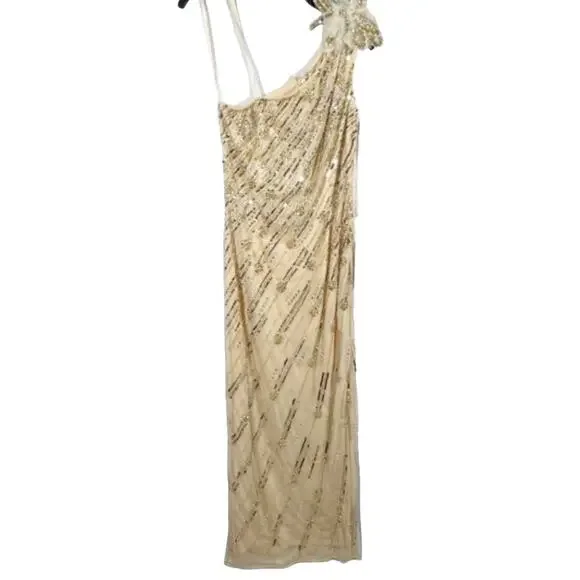 MAC DUGGALGold Embellished Floral Detail One Shoulder Gown Size 8 NWT